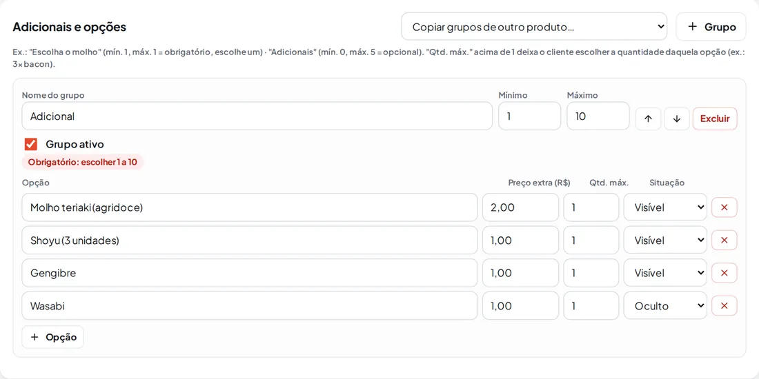 Grupo de adicionais com mínimo, máximo e as opções com preço.