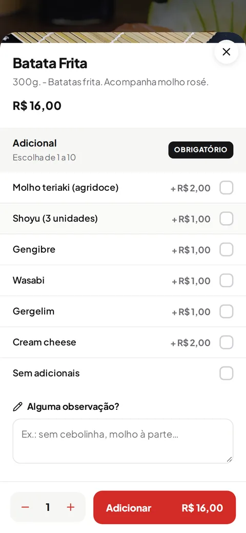 Como o cliente vê: o grupo obrigatório fica marcado e vira "OK" quando ele escolhe.