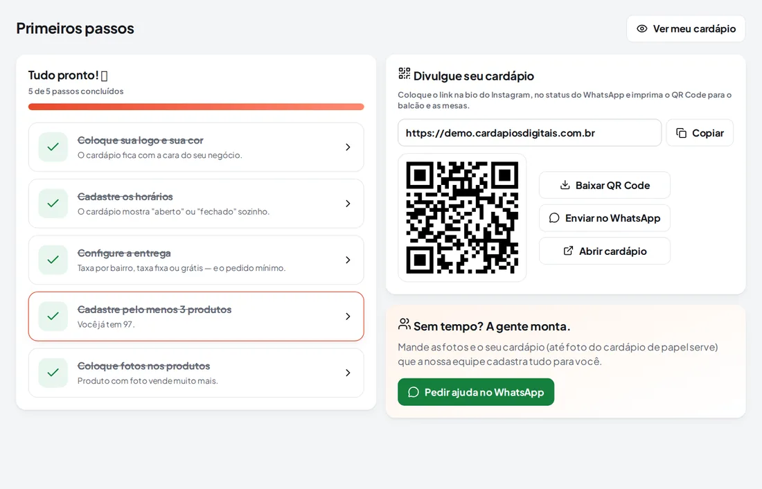 A tela Primeiros passos: a barra mostra quanto falta e cada item leva direto para a tela certa.