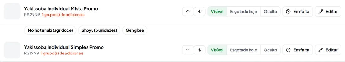 Botões Visível / Esgotado hoje / Oculto e os adicionais em falta.