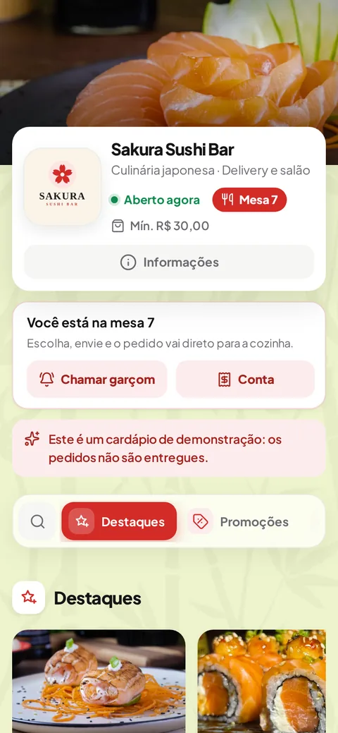O cliente na mesa 7: botões Chamar garçom e Conta.