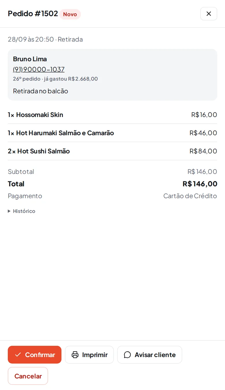 Detalhe do pedido com os botões de status, imprimir e avisar cliente.