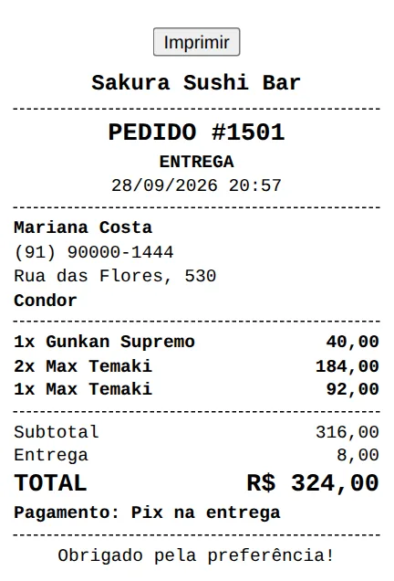 A comanda impressa: troco e observações em destaque.